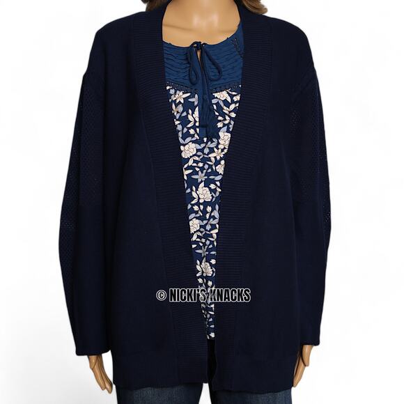Faith & Zoe Navy Blue Open Front Mesh Panel Knit Cardigan Sweater Size L - Picture 3 of 11